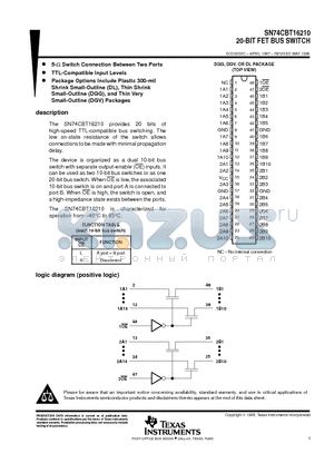 SN74CBT16210 datasheet - 20-BIT FET BUS SWITCH