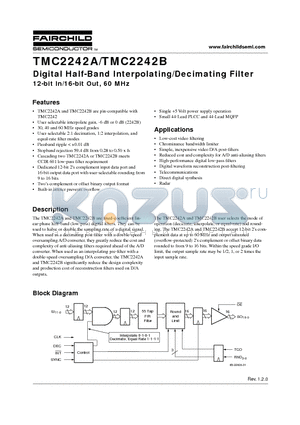 TMC2242AR2C datasheet - Digital Half-Band Interpolating/Decimating Filter 12-bit In/16-bit Out, 60 MHz