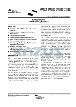 UCC38501 datasheet - BICMOS PFC/PWM COMBINATION CONTROLLER