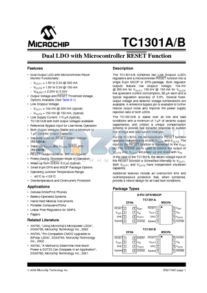 TC1301A-PFCVUATR datasheet - Dual LDO with Microcontroller RESET Function