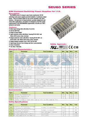 SEU60-401-1 datasheet - 63W Enclosed Switching Power Supplies