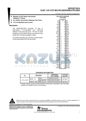 SN74CBT16214DLRG4 datasheet - 12-BIT 1-OF-3 FET MULTIPLEXER/DEMULTIPLEXER