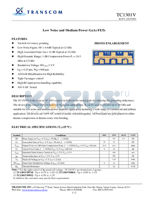 TC1301V datasheet - Low Noise and Medium Power GaAs FETs