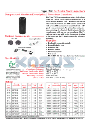 PSU102015 datasheet - AC Motor Start Capacitors Non-polarized, Aluminum Electrolytic AC Motor Start Capacitors