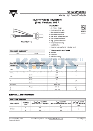 ST103S08PFN0P datasheet - Inverter Grade Thyristors (Stud Version), 105 A