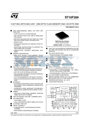 ST10F269-Q3 datasheet - 16-BIT MCU WITH MAC UNIT, 256K BYTE FLASH MEMORY AND 12K BYTE RAM