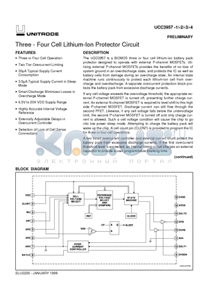 UCC3957-1 datasheet - Three - Four Cell Lithium-Ion Protector Circuit