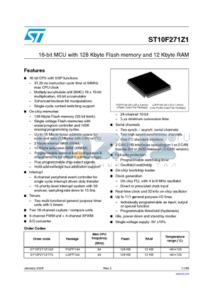 ST10F271Z1T3 datasheet - 16-bit MCU with 128 Kbyte Flash memory and 12 Kbyte RAM