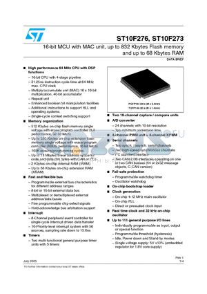 ST10F276 datasheet - 16-bit MCU with MAC unit, up to 832 Kbytes Flash memory and up to 68 Kbytes RAM