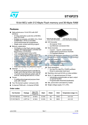 ST10F273Z4Q3 datasheet - 16-bit MCU with 512 Kbyte Flash memory and 36 Kbyte RAM