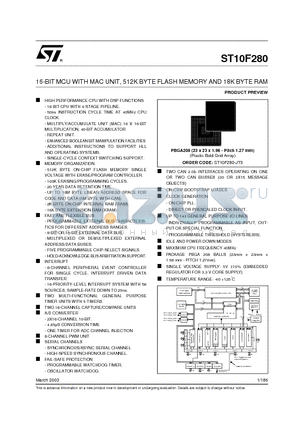 ST10F280 datasheet - 16-BIT MCU WITH MAC UNIT, 512K BYTE FLASH MEMORY AND 18K BYTE RAM