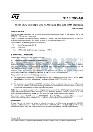 ST10F280-AB datasheet - 16-Bit MCU with 512K Byte FLASH and 18K Byte RAM Memories