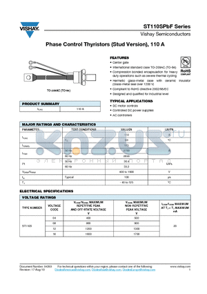 ST110S04P2VLPBF datasheet - Phase Control Thyristors (Stud Version), 110 A