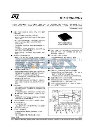 ST10F269Z2QX datasheet - 16-BIT MCU WITH MAC UNIT, 256K BYTE FLASH MEMORY AND 12K BYTE RAM