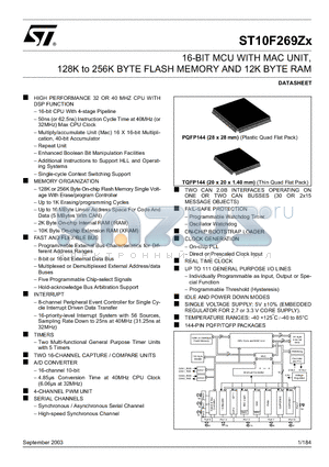 ST10F269Z1T3 datasheet - 16-BIT MCU WITH MAC UNIT, 128K to 256K BYTE FLASH MEMORY AND 12K BYTE RAM