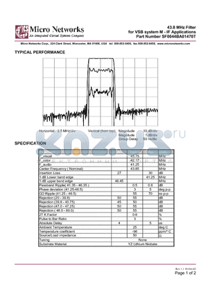 SF0044BA01470T datasheet - 43.8 MHz Filter for VSB system M - IF Applications
