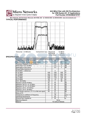 SF0044BA01979T datasheet - 44.0 MHz Filter with GD Pre-Distortion for VSB System M - IF Applications