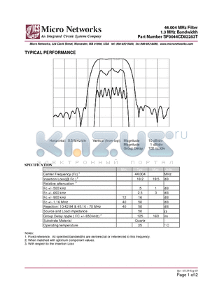 SF0044CD02283T datasheet - 44.004 MHz Filter 1.3 MHz Bandwidth