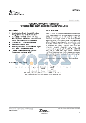 UCC5670 datasheet - 9-LINE MULTIMODE SCSI TERMINATOR WITH SPI-3 MODE DELAY, DISCONNECT, AND STATUS LINES