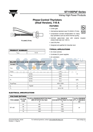 ST110S16P1PVF datasheet - Phase Control Thyristors (Stud Version), 110 A