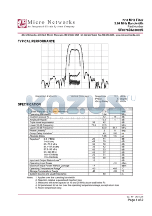 SF0078BA03002S datasheet - 77.8 MHz Filter 3.84 MHz Bandwidth