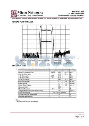 SF0140CF51933T datasheet - 140 MHz Filter 24 MHz Bandwidth