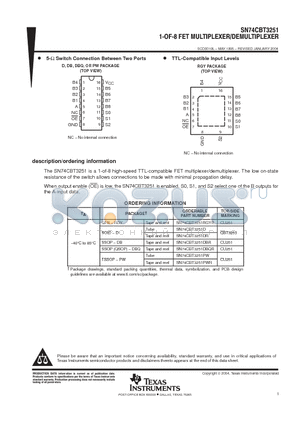 SN74CBT3251DBQ datasheet - 1-OF-8 FET MULTIPLEXER/DEMULTIPLEXER