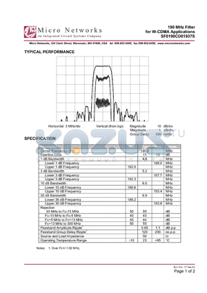 SF0190CD01937S datasheet - 190 MHz Filter for W-CDMA Applications