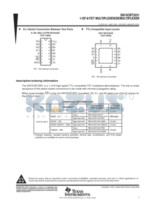 SN74CBT3251DBQRE4 datasheet - 1-OF-8 FET MULTIPLEXER/DEMULTIPLEXER