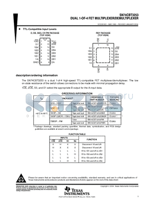 SN74CBT3253DBRE4 datasheet - DUAL 1-OF-4 FET MULTIPLEXER/DEMULTIPLEXER