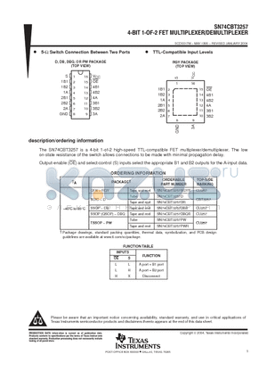 SN74CBT3257 datasheet - 4-BIT 1-OF-2 FET MULTIPLEXER/DEMULTIPLEXER
