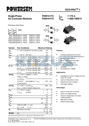PSW1C175 datasheet - Single Phase AC Controller Modules