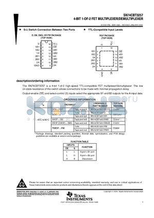 SN74CBT3257DE4 datasheet - 4-BIT 1-OF-2 FET MULTIPLEXER/DEMULTIPLEXER