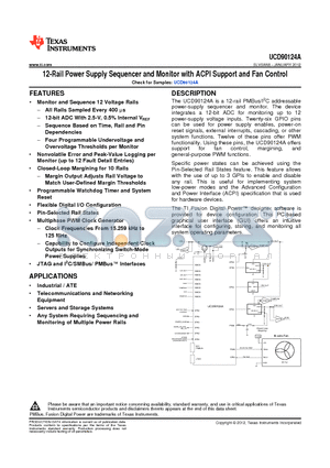 UCD90124ARGCT datasheet - 12-Rail Power Supply Sequencer and Monitor with ACPI Support and Fan Control