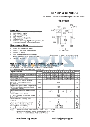 SF1002G datasheet - 10.0AMP. Glass Passivated Super Fast Rectifiers