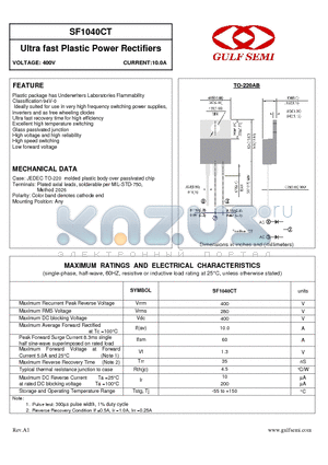 SF1040CT datasheet - Ultra fast Plastic Power Rectifiers VOLTAGE: 400V CURRENT:10.0A