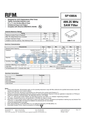 SF1080A datasheet - 499.25 MHz SAW Filter