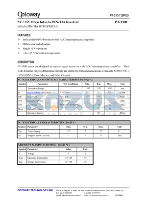 PT-3300-XF datasheet - 5V / 155 Mbps InGaAs PIN-TIA Receiver InGaAs PIN-TIA WITH PIGTAIL