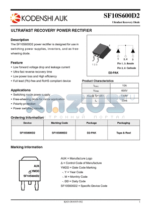 SF10S600D2 datasheet - ULTRAFAST RECOVERY POWER RECTIFIER