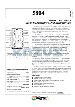 UCN5804B datasheet - BiMOS II UNIPOLAR STEPPER-MOTOR TRANSLATOR/DRIVER