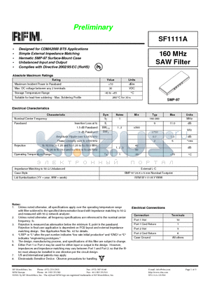 SF1111A datasheet - 160 MHz SAW Filter