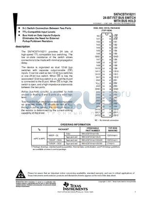 SN74CBTH16211 datasheet - 24-BIT FET BUS SWITCH WITH BUS HOLD