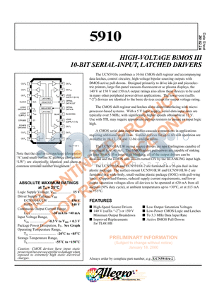 UCN5910A datasheet - HIGH-VOLTAGE BiMOS III 10-BIT SERIAL-INPUT, LATCHED DRIVERS