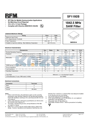 SF1192B datasheet - 1842.5 MHz SAW Filter