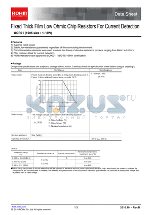 UCR01MVPFLJL datasheet - Fixed Thick Film Low Ohmic Chip Resistors For Current Detection