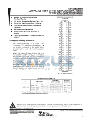 SN74CBTLV16292DL datasheet - LOW-VOLTAGE 12-BIT 1-OF-2 FET MULTIPLEXER/DEMULTIPLEXER WITH INTERNAL PULLDOWN RESISTOR