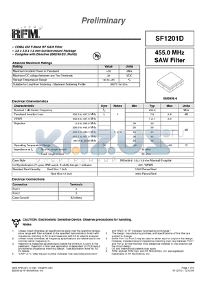 SF1201D datasheet - 455.0 MHz SAW Filter