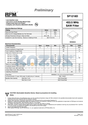 SF1218D datasheet - 453.5 MHz SAW Filter