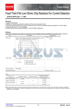 UCR10EVHFSJS datasheet - Fixed Thick Film Low Ohmic Chip Resistors For Current Detection