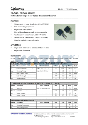 PT-3600F datasheet - 8-Pin Ethernet Single-Mode Optical Transmitter / Receiver